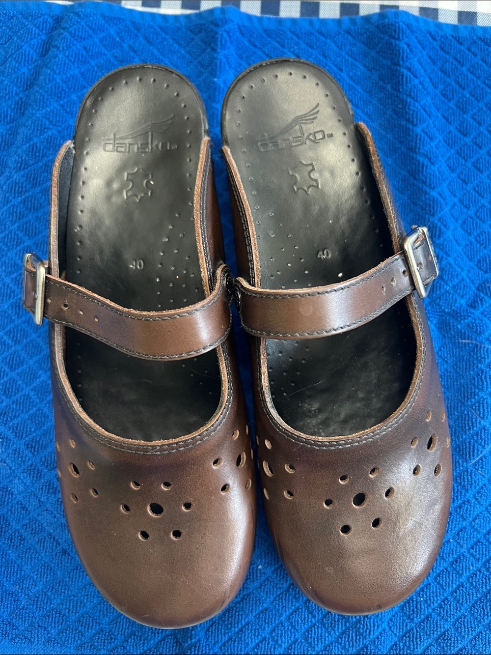 Dansko Merrie Brown Leather Mary Jane Clogs with Adjustable Buckle